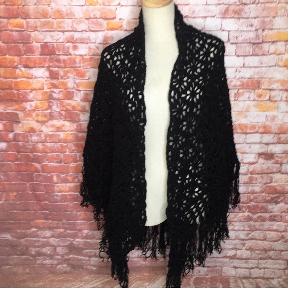 Black Crochet Fringe Poncho Shrug - Women's Open Knit Wrap